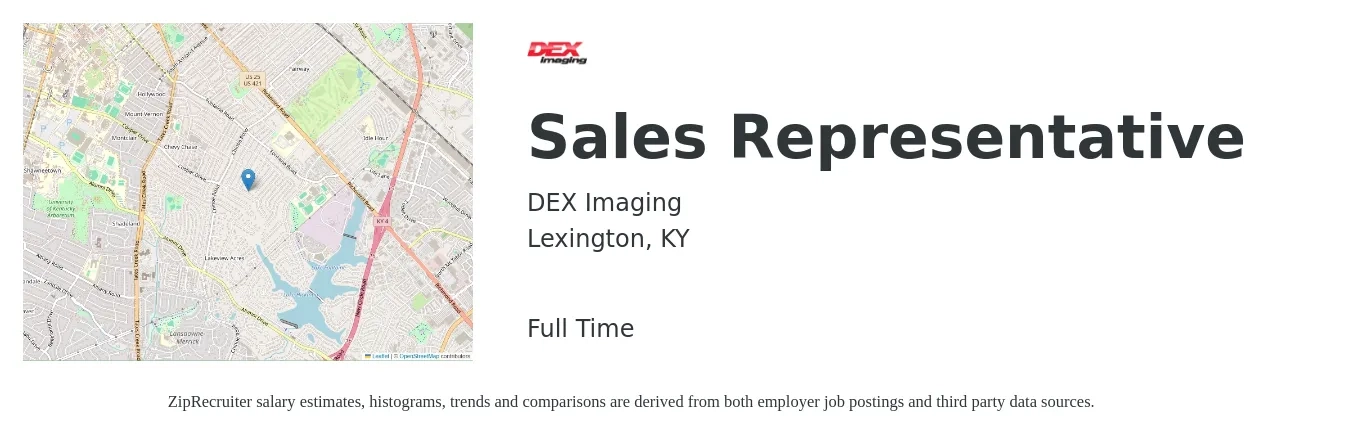 DEX Imaging job posting for a Sales Representative in Lexington, KY with a salary of $53,200 to $92,400 Yearly with a map of Lexington location.