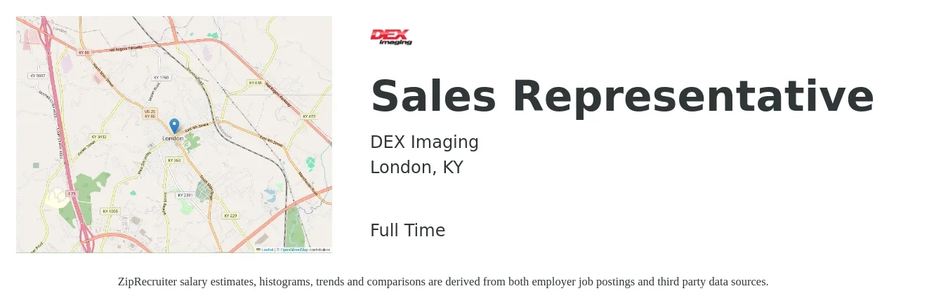 DEX Imaging job posting for a Sales Representative in London, KY with a salary of $45,100 to $78,500 Yearly with a map of London location.