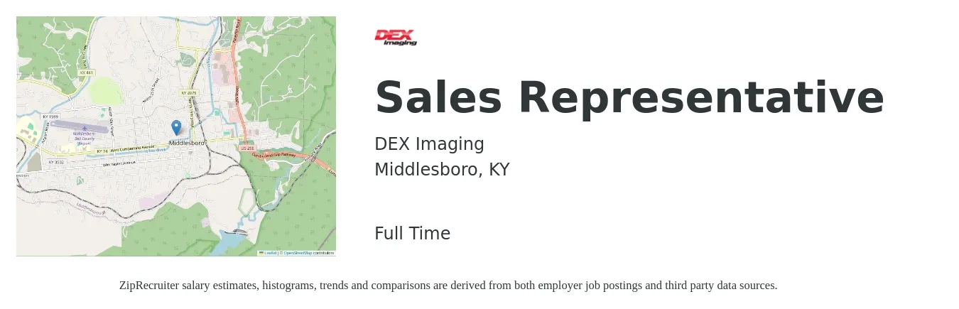 DEX Imaging job posting for a Sales Representative in Middlesboro, KY with a salary of $44,200 to $76,900 Yearly with a map of Middlesboro location.