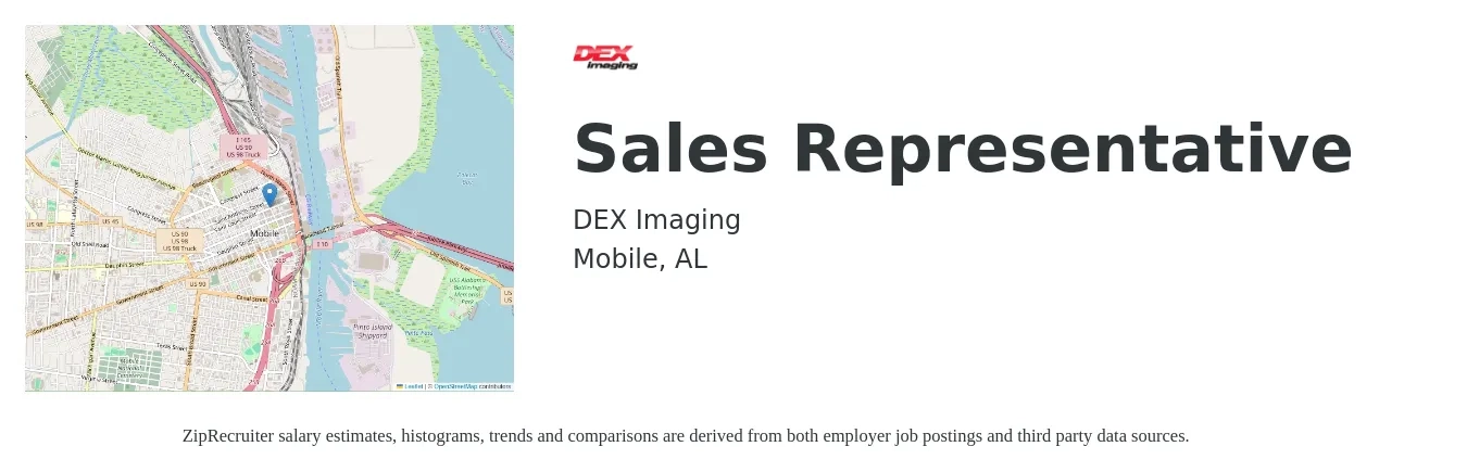 DEX Imaging job posting for a Sales Representative in Mobile, AL with a salary of $48,500 to $84,300 Yearly with a map of Mobile location.