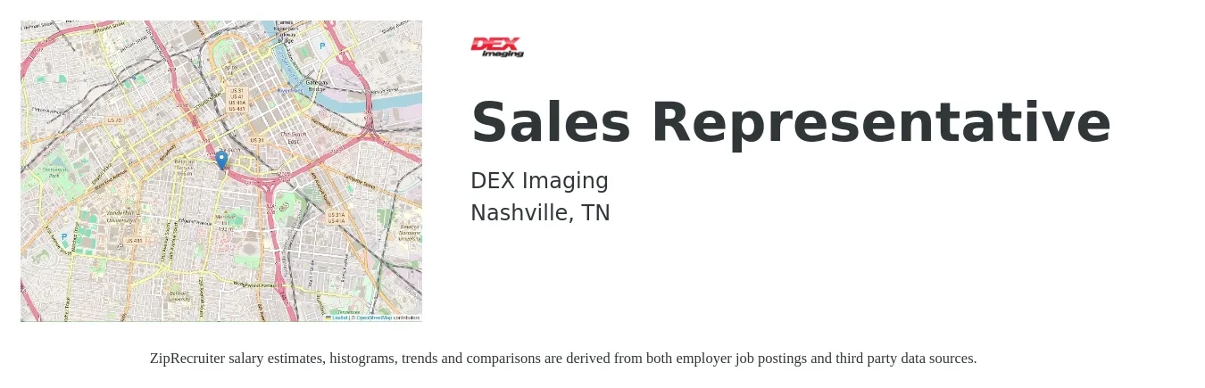 DEX Imaging job posting for a Sales Representative in Nashville, TN with a salary of $51,700 to $89,800 Yearly with a map of Nashville location.