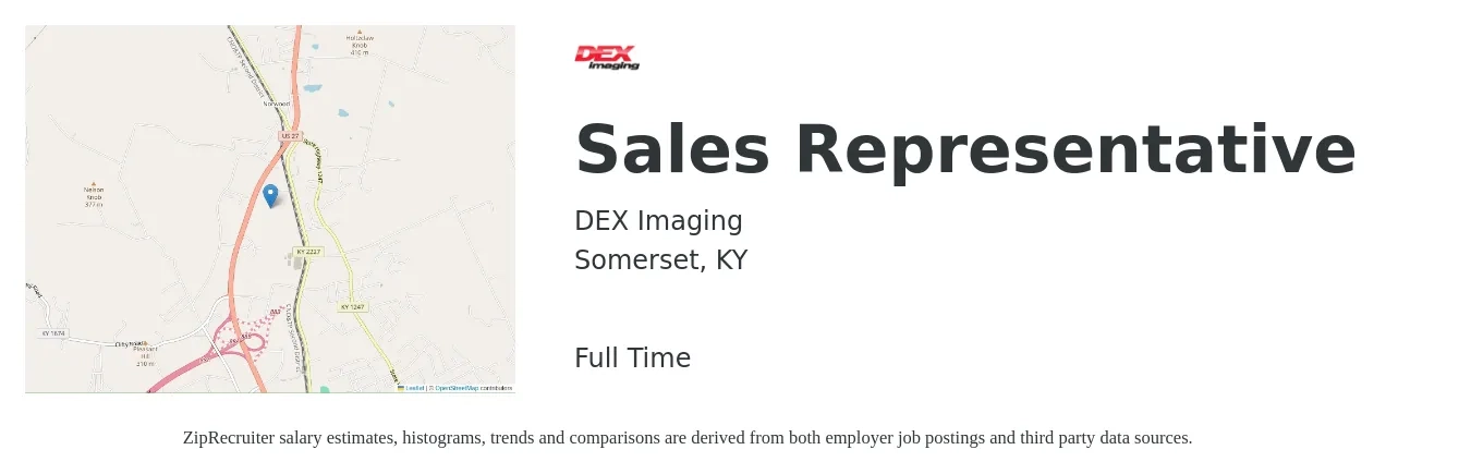 DEX Imaging job posting for a Sales Representative in Somerset, KY with a salary of $46,400 to $80,600 Yearly with a map of Somerset location.