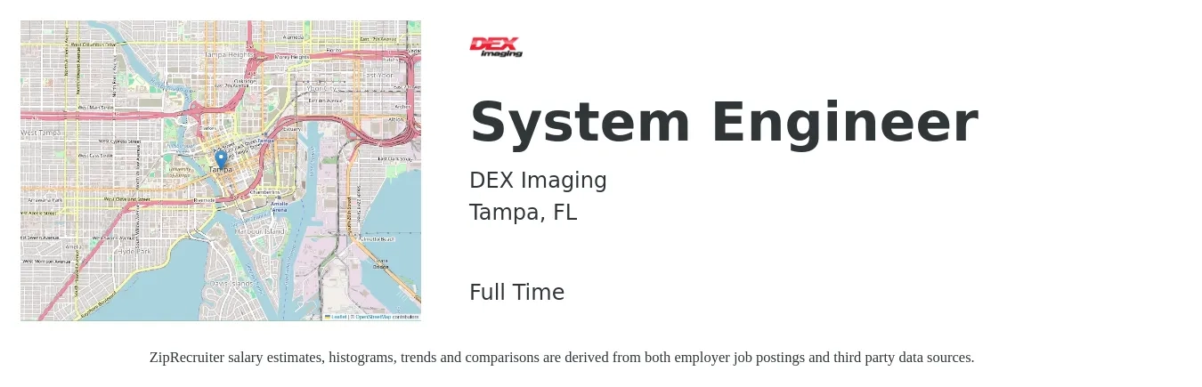 DEX Imaging job posting for a System Engineer in Tampa, FL with a salary of $88,100 to $141,100 Yearly with a map of Tampa location.