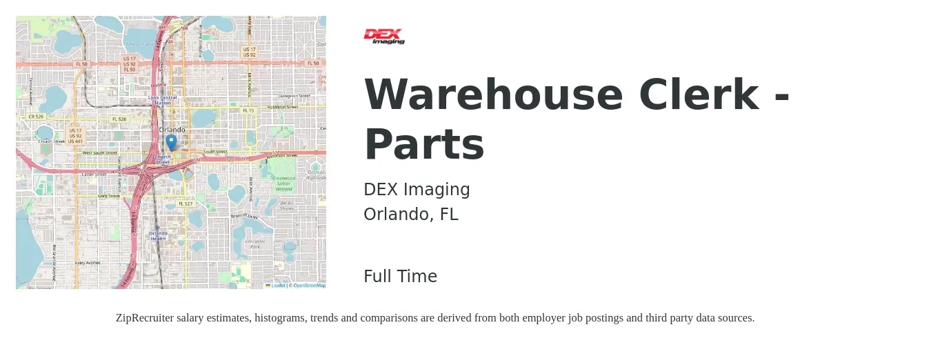 DEX Imaging job posting for a Warehouse Clerk - Parts in Orlando, FL with a salary of $14 to $16 Hourly with a map of Orlando location.