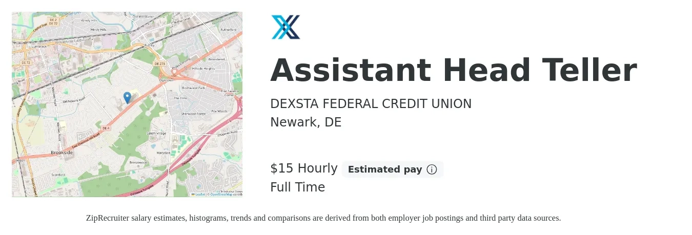 DEXSTA FEDERAL CREDIT UNION job posting for a Assistant Head Teller in Newark, DE with a salary of $34,002 Yearly with a map of Newark location.