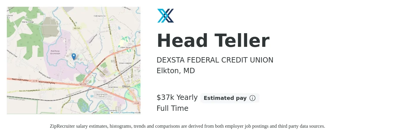 DEXSTA FEDERAL CREDIT UNION job posting for a Head Teller in Elkton, MD with a salary of $37,200 Yearly with a map of Elkton location.