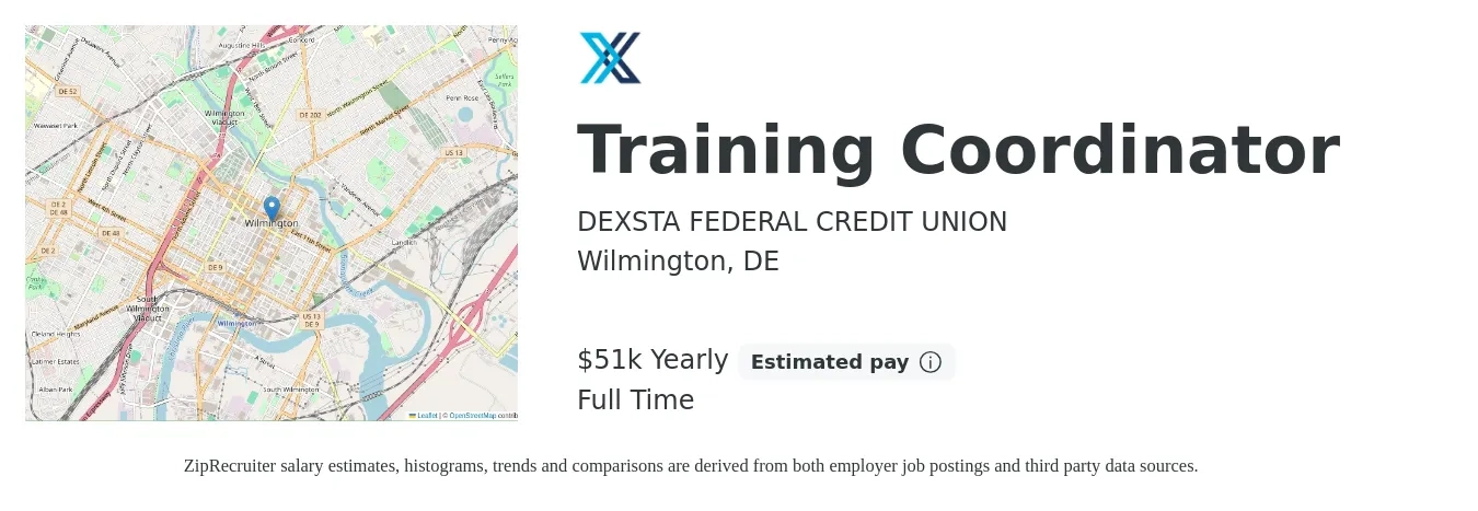 DEXSTA FEDERAL CREDIT UNION job posting for a Training Coordinator in Wilmington, DE with a salary of $51,067 Yearly with a map of Wilmington location.