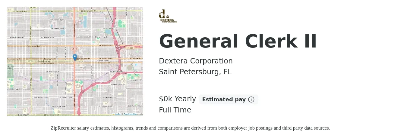 Dextera Corporation job posting for a General Clerk II in Saint Petersburg, FL with a salary of $16 Yearly with a map of Saint Petersburg location.