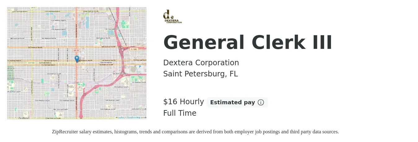 Dextera Corporation job posting for a General Clerk III in Saint Petersburg, FL with a salary of $18 Hourly with a map of Saint Petersburg location.