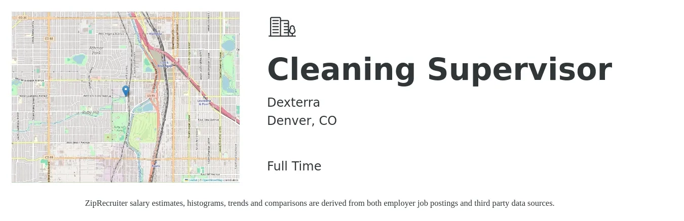 Dexterra job posting for a Cleaning Supervisor in Denver, CO with a salary of $16 to $20 Hourly with a map of Denver location.