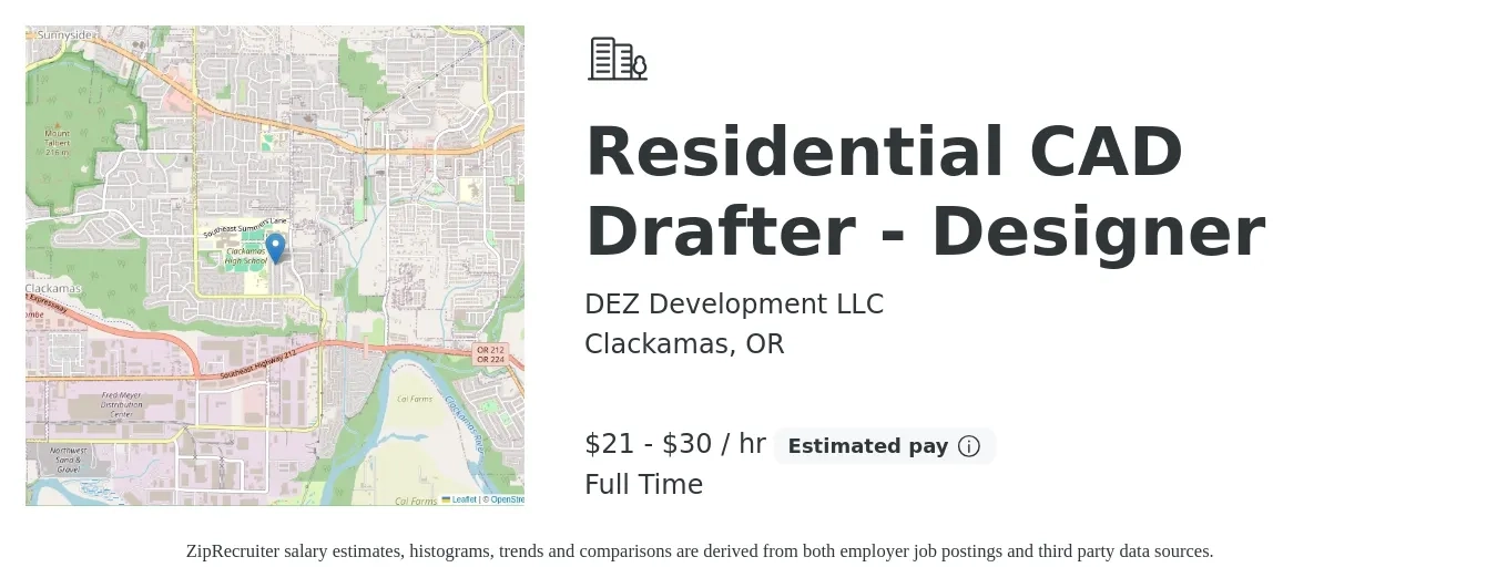 DEZ Development LLC job posting for a Residential Cad Drafter - Designer in Clackamas, OR with a salary of $22 to $32 Hourly with a map of Clackamas location.