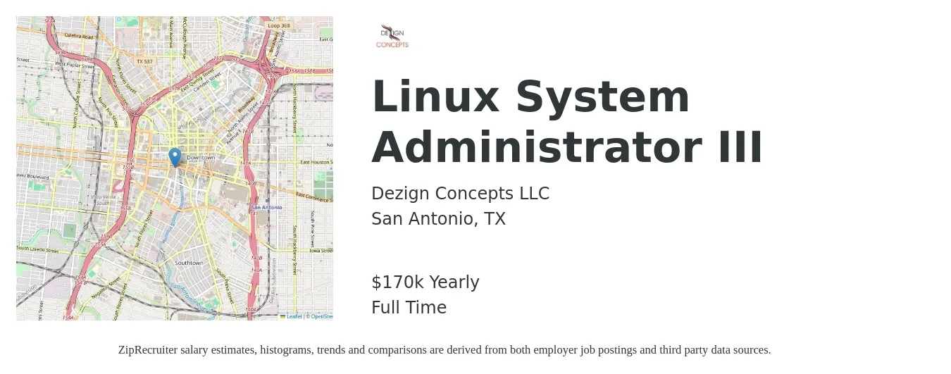 Dezign Concepts LLC job posting for a Linux System Administrator III in San Antonio, TX with a salary of $170,000 Yearly with a map of San Antonio location.
