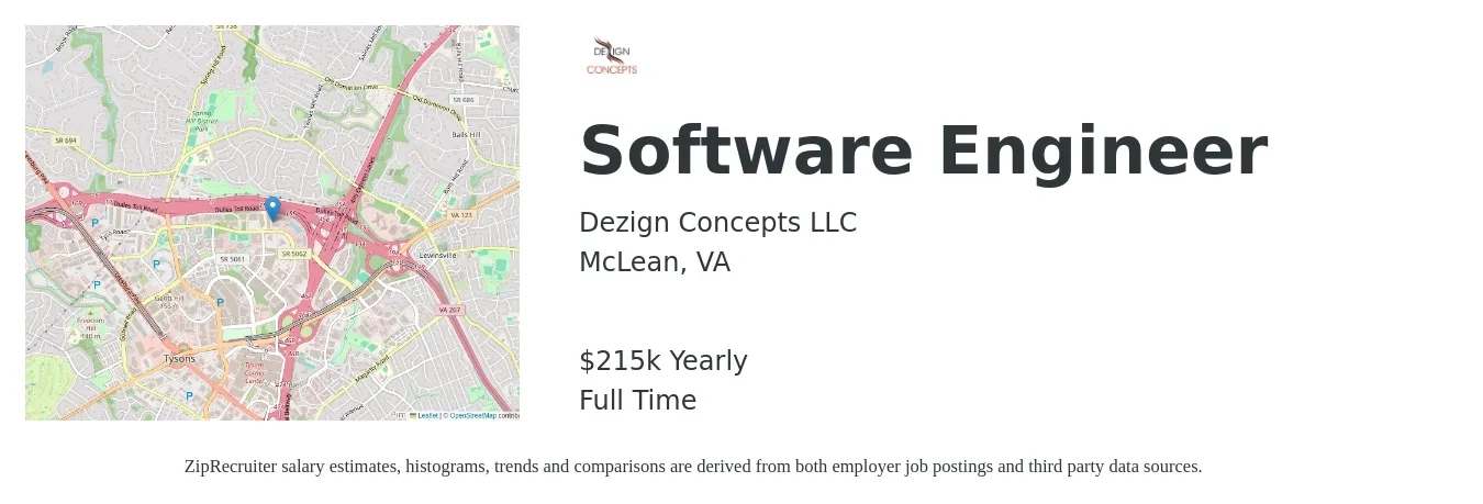 Dezign Concepts LLC job posting for a Software Engineer in McLean, VA with a salary of $225,000 Yearly with a map of McLean location.