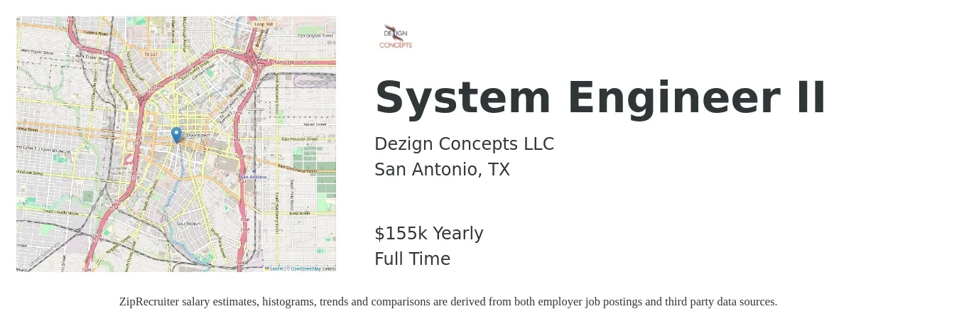 Dezign Concepts LLC job posting for a System Engineer II in San Antonio, TX with a salary of $155,000 Yearly with a map of San Antonio location.