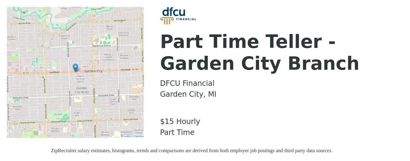 DFCU Financial job posting for a Part Time Teller - Garden City Branch in Garden City, MI with a salary of $16 Hourly with a map of Garden City location.