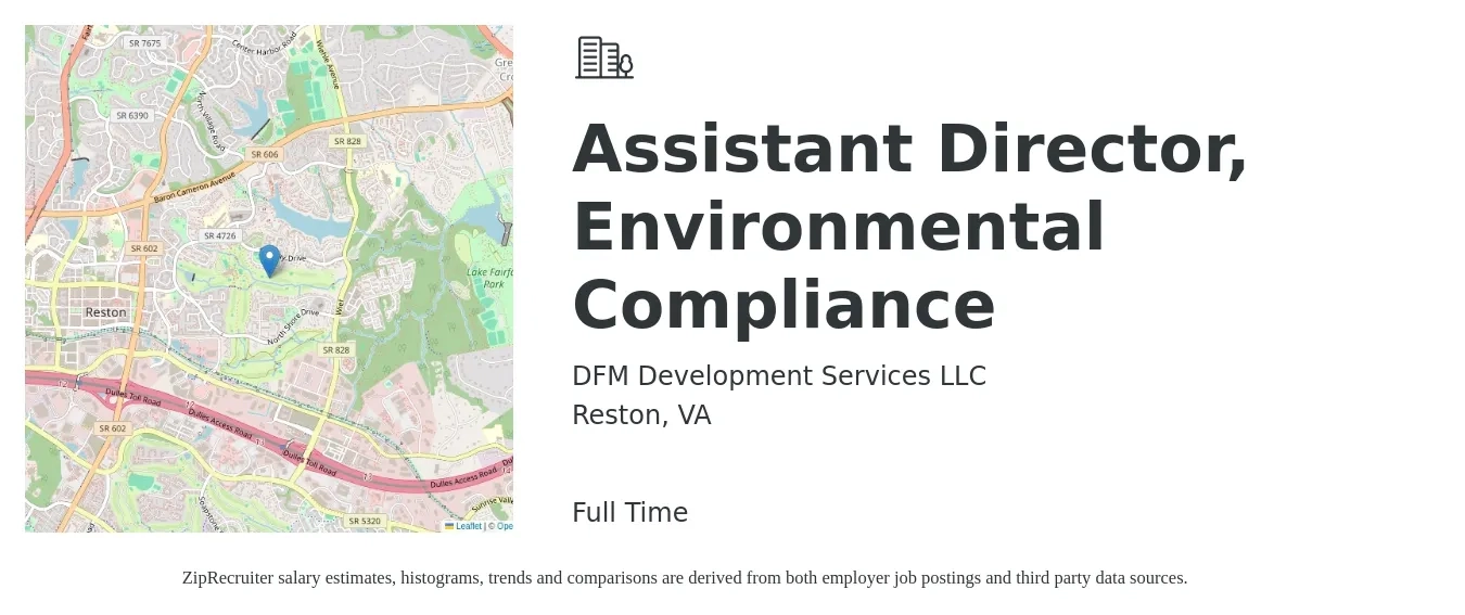 DFM Development Services LLC job posting for a Assistant Director, Environmental Compliance in Reston, VA with a salary of $122,200 to $148,800 Yearly with a map of Reston location.