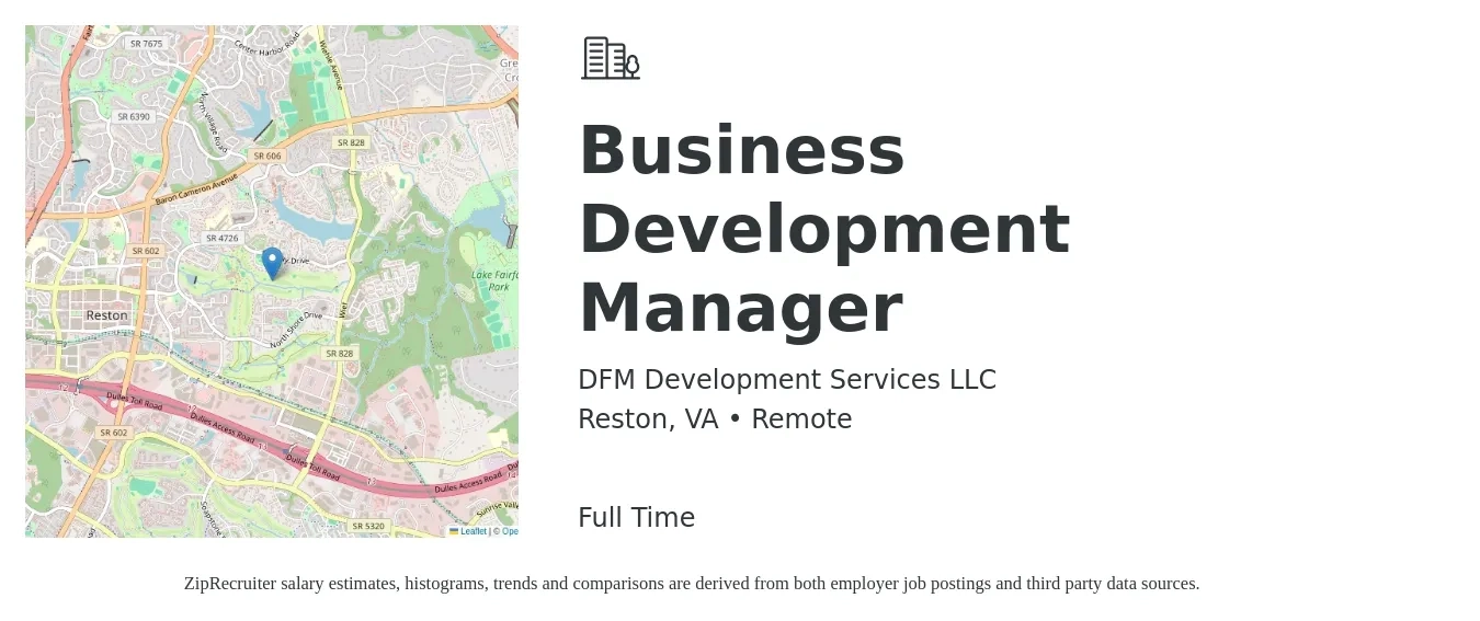 DFM Development Services LLC job posting for a Business Development Manager in Reston, VA with a salary of $63,500 to $104,000 Yearly with a map of Reston location.