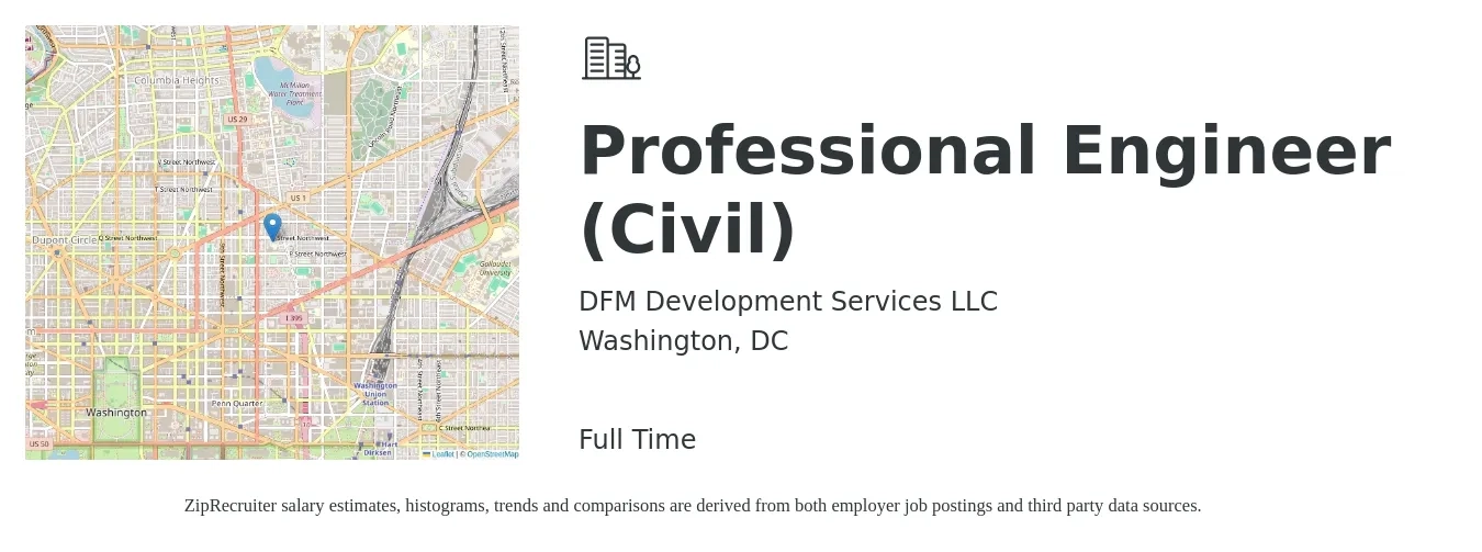 DFM Development Services LLC job posting for a Professional Engineer (Civil) in Washington, DC with a salary of $76,400 to $111,600 Yearly with a map of Washington location.