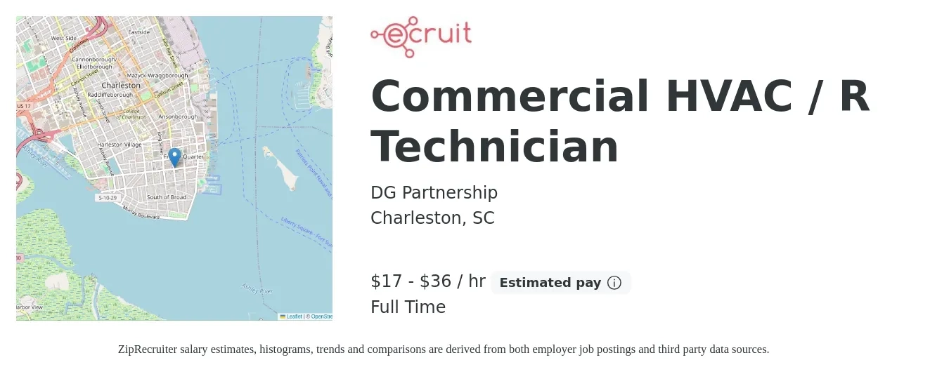 DG Partnership job posting for a Commercial HVAC / R Technician in Charleston, SC with a salary of $18 to $38 Hourly with a map of Charleston location.