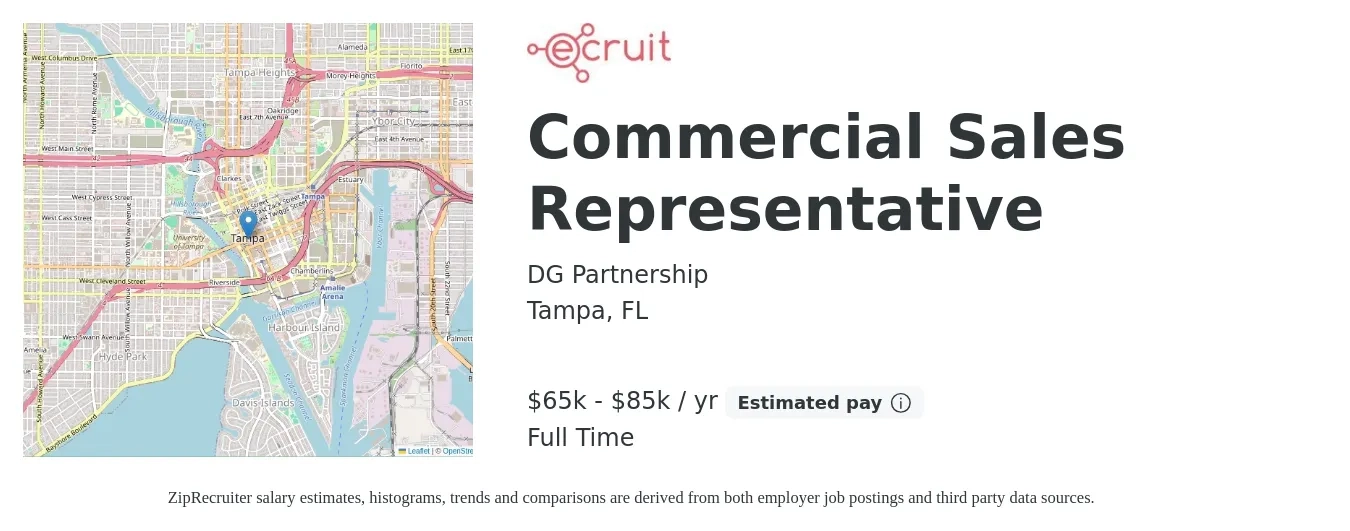 DG Partnership job posting for a Sales Representative - Construction in Tampa, FL with a salary of $65,000 to $90,000 Yearly with a map of Tampa location.