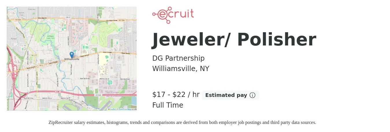DG Partnership job posting for a Jeweler/ Polisher in Williamsville, NY with a salary of $18 to $23 Hourly with a map of Williamsville location.