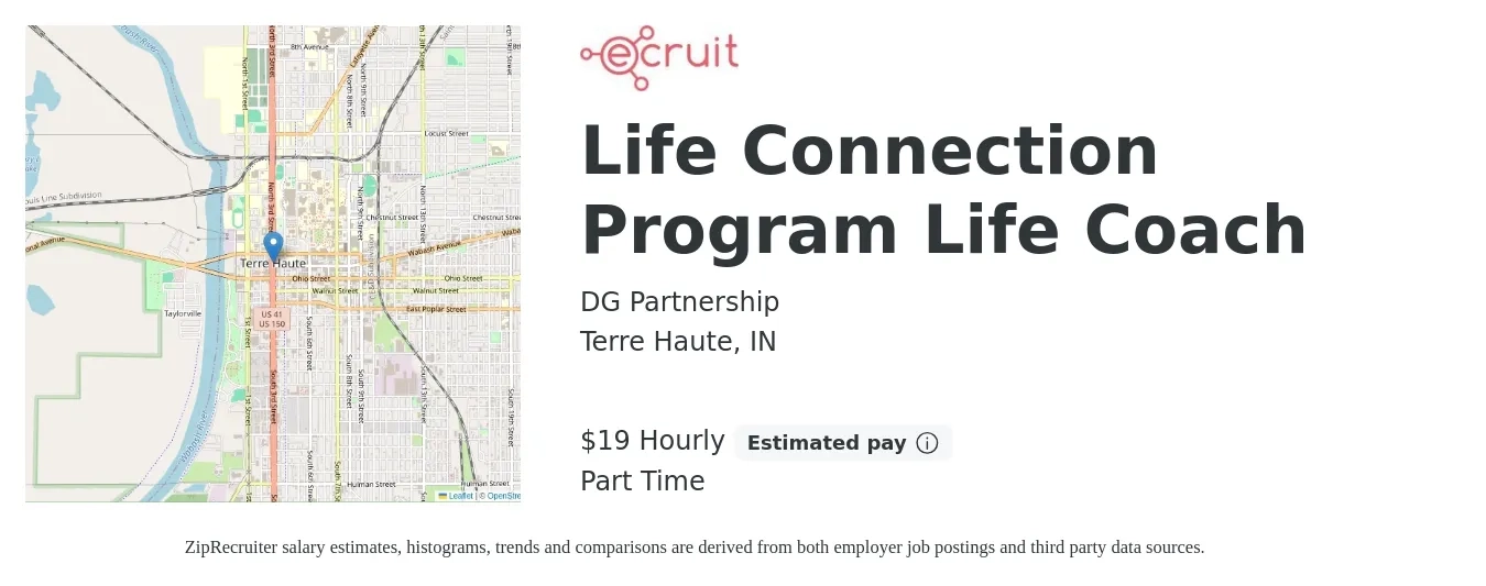 DG Partnership job posting for a Life Connection Program Life Coach in Terre Haute, IN with a salary of $20 Hourly with a map of Terre Haute location.