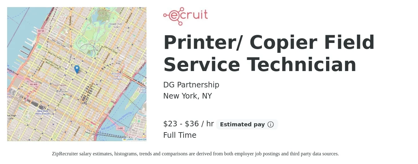 DG Partnership job posting for a Printer/ Copier Field Service Technician in New York, NY with a salary of $24 to $38 Hourly with a map of New York location.