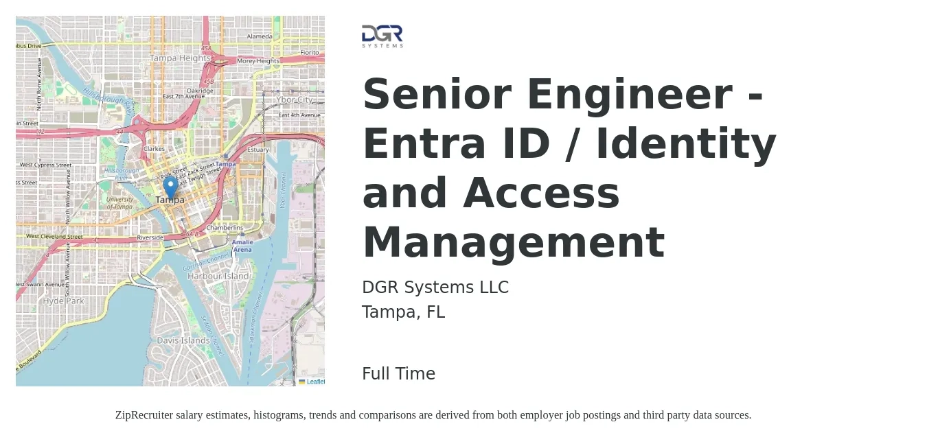 DGR Systems LLC job posting for a Senior Engineer - Entra ID / Identity and Access Management in Tampa, FL with a salary of $98,800 to $135,600 Yearly with a map of Tampa location.
