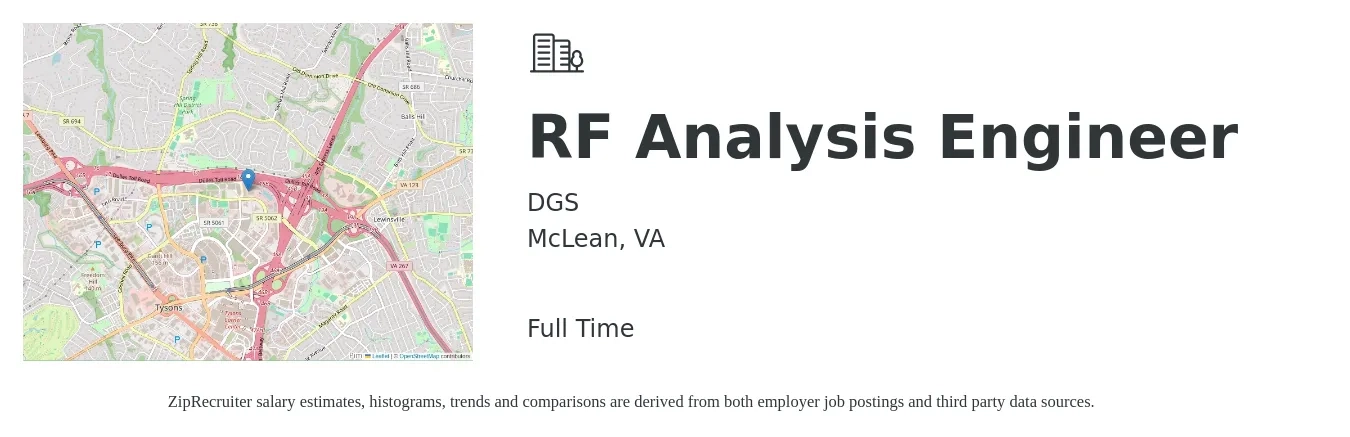DGS job posting for a RF Analysis Engineer in McLean, VA with a salary of $98,600 to $140,500 Yearly with a map of McLean location.
