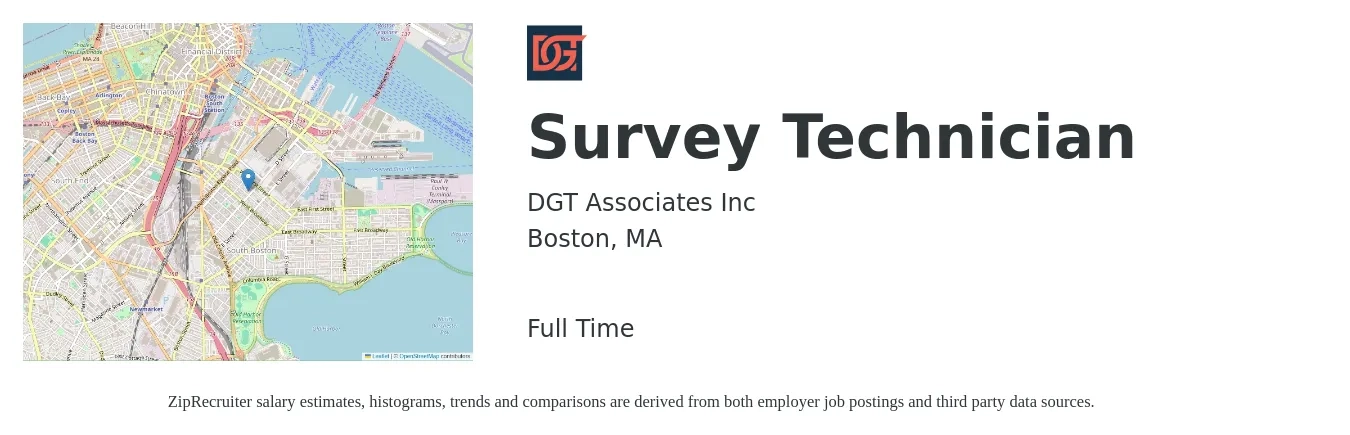 DGT Associates Inc job posting for a Survey Technician in Boston, MA with a salary of $42,400 to $63,600 Yearly with a map of Boston location.