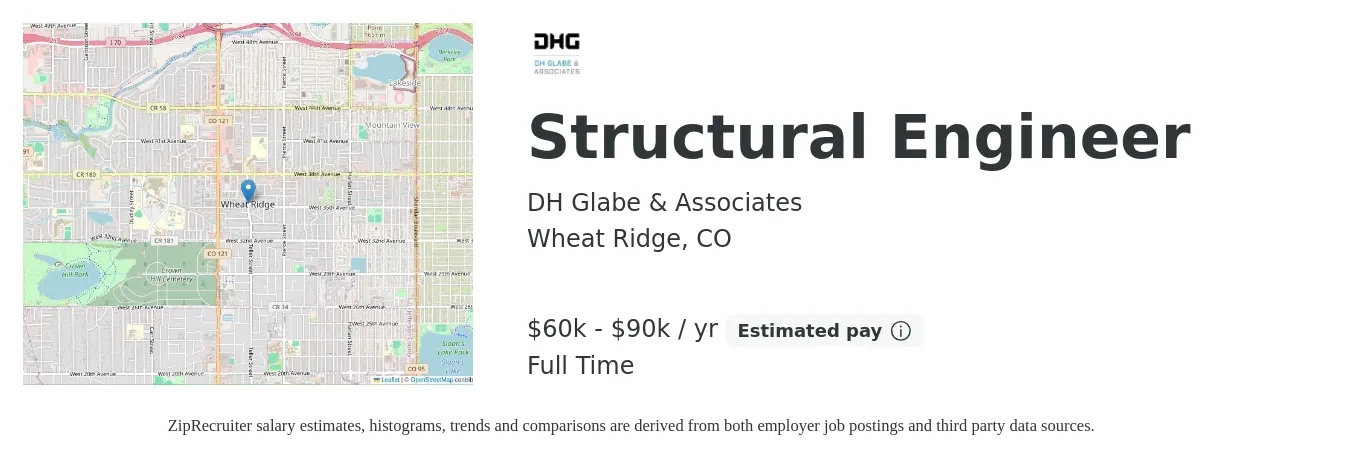 DH Glabe & Associates job posting for a Structural Engineer in Wheat Ridge, CO with a salary of $60,000 to $90,000 Yearly with a map of Wheat Ridge location.