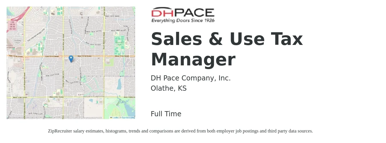 D.H. Pace Company, Inc. job posting for a Sales & Use Tax Manager in Olathe, KS with a salary of $105,000 to $137,700 Yearly with a map of Olathe location.