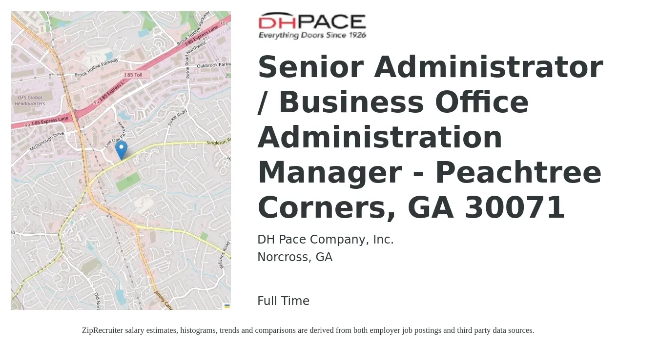 D.H. Pace Company, Inc. job posting for a Senior Administrator / Business Office Administration Manager - Peachtree Corners, GA 30071 in Norcross, GA with a salary of $20 to $29 Hourly with a map of Norcross location.