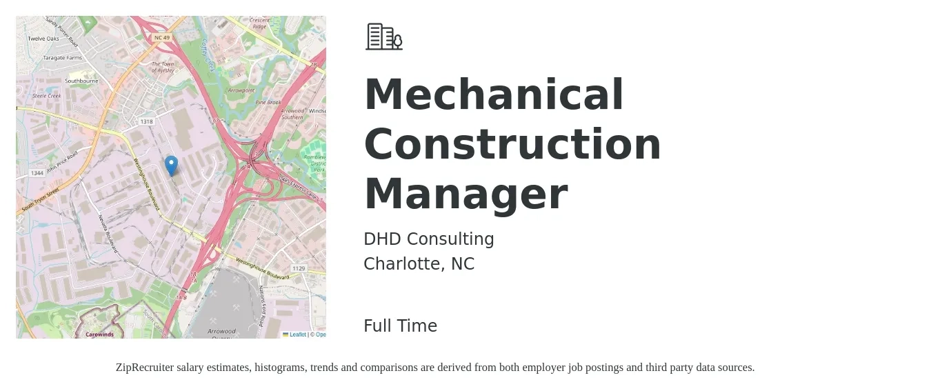 DHD Consulting job posting for a Mechanical Construction Manager in Charlotte, NC with a salary of $69,200 to $112,600 Yearly with a map of Charlotte location.