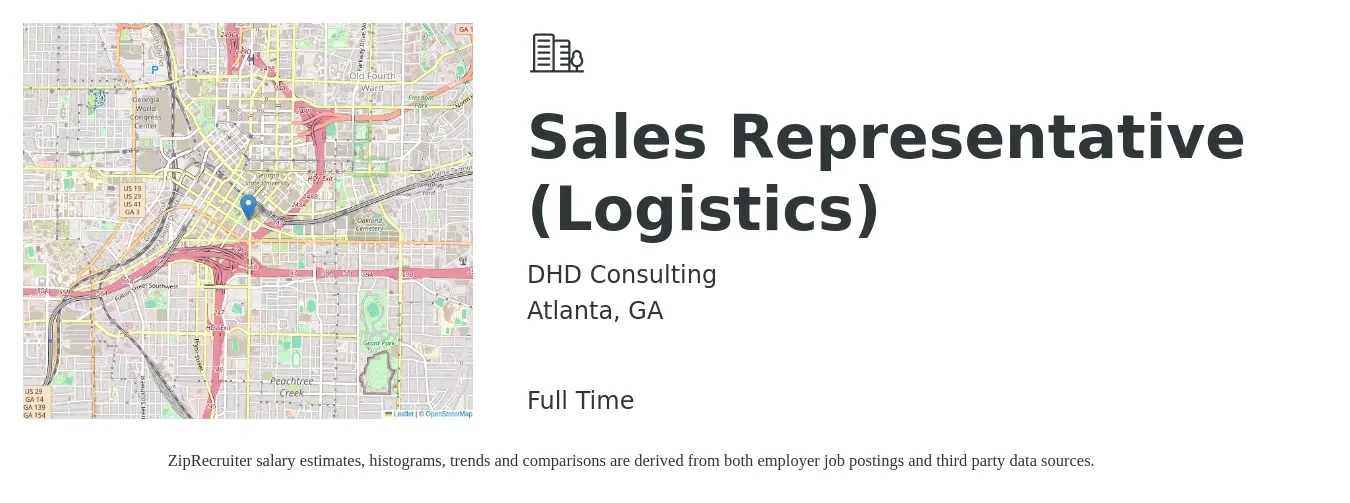 DHD Consulting job posting for a Sales Representative (Logistics) in Atlanta, GA with a salary of $51,400 to $89,400 Yearly with a map of Atlanta location.