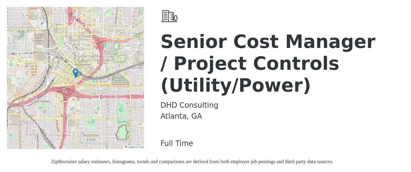 DHD Consulting job posting for a Senior Cost Manager / Project Controls (Utility/Power) in Atlanta, GA with a salary of $99,500 to $140,400 Yearly with a map of Atlanta location.