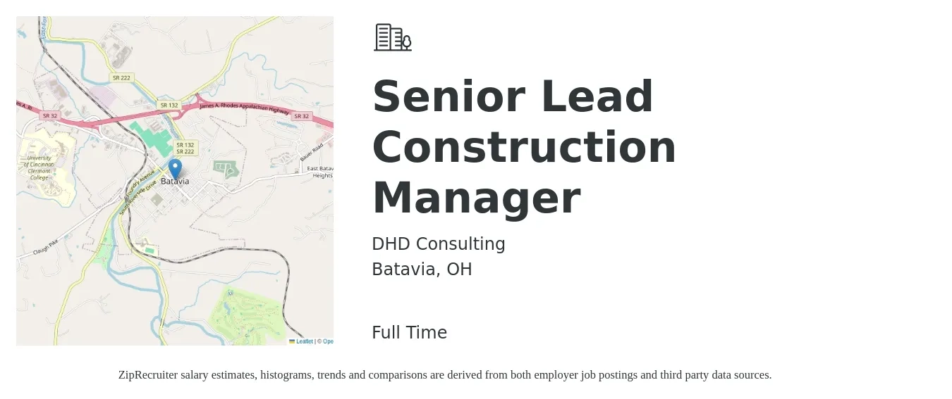 DHD Consulting job posting for a Senior Lead Construction Manager in Batavia, OH with a salary of $71,600 to $135,800 Yearly with a map of Batavia location.