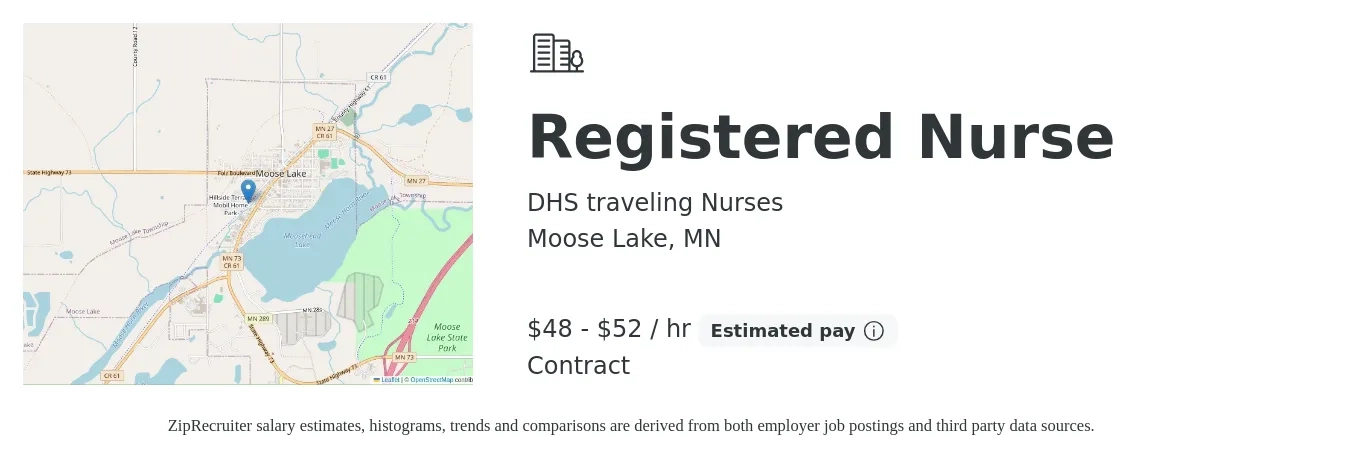DHS traveling Nurses job posting for a Registered Nurse in Moose Lake, MN with a salary of $50 to $55 Hourly with a map of Moose Lake location.