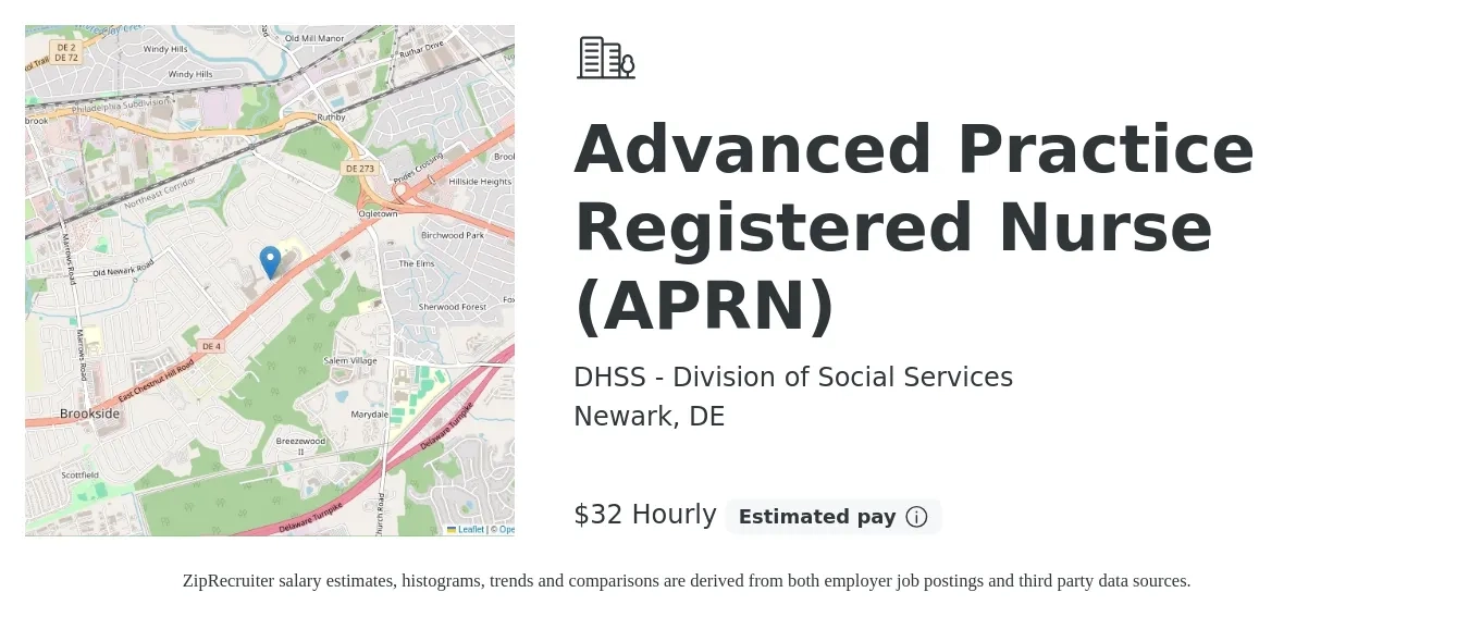 DHSS - Division of Social Services job posting for a Advanced Practice Registered Nurse (APRN) in Newark, DE with a salary of $33 Hourly with a map of Newark location.