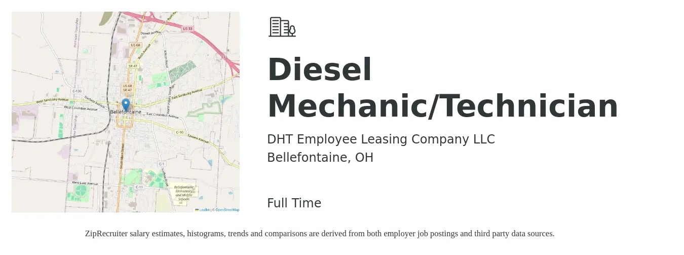DHT Employee Leasing Company LLC job posting for a Diesel Mechanic/Technician in Bellefontaine, OH with a salary of $20 Hourly with a map of Bellefontaine location.