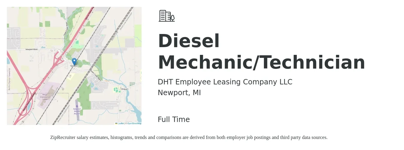 DHT Employee Leasing Company LLC job posting for a Diesel Mechanic/Technician in Newport, MI with a salary of $20 Hourly with a map of Newport location.