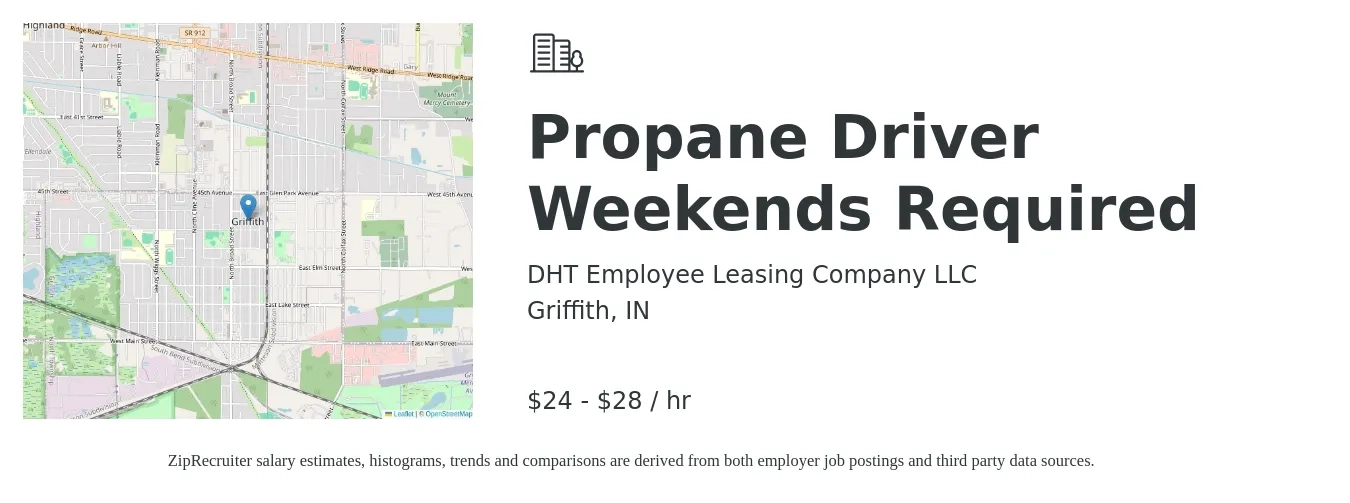 DHT Employee Leasing Company LLC job posting for a Propane Driver Weekends Required in Griffith, IN with a salary of $25 to $30 Hourly with a map of Griffith location.