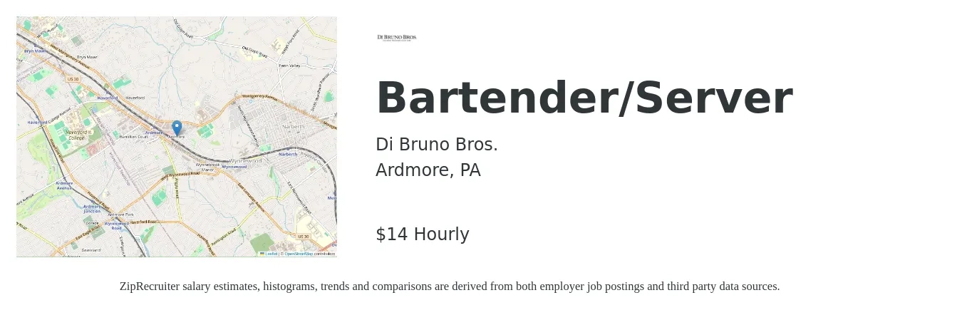 Di Bruno Bros. job posting for a Bartender/Server in Ardmore, PA with a salary of $15 Hourly with a map of Ardmore location.