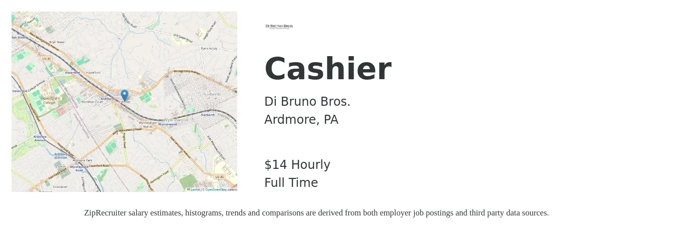 Di Bruno Bros. job posting for a Cashier in Ardmore, PA with a salary of $12 to $14 Hourly with a map of Ardmore location.
