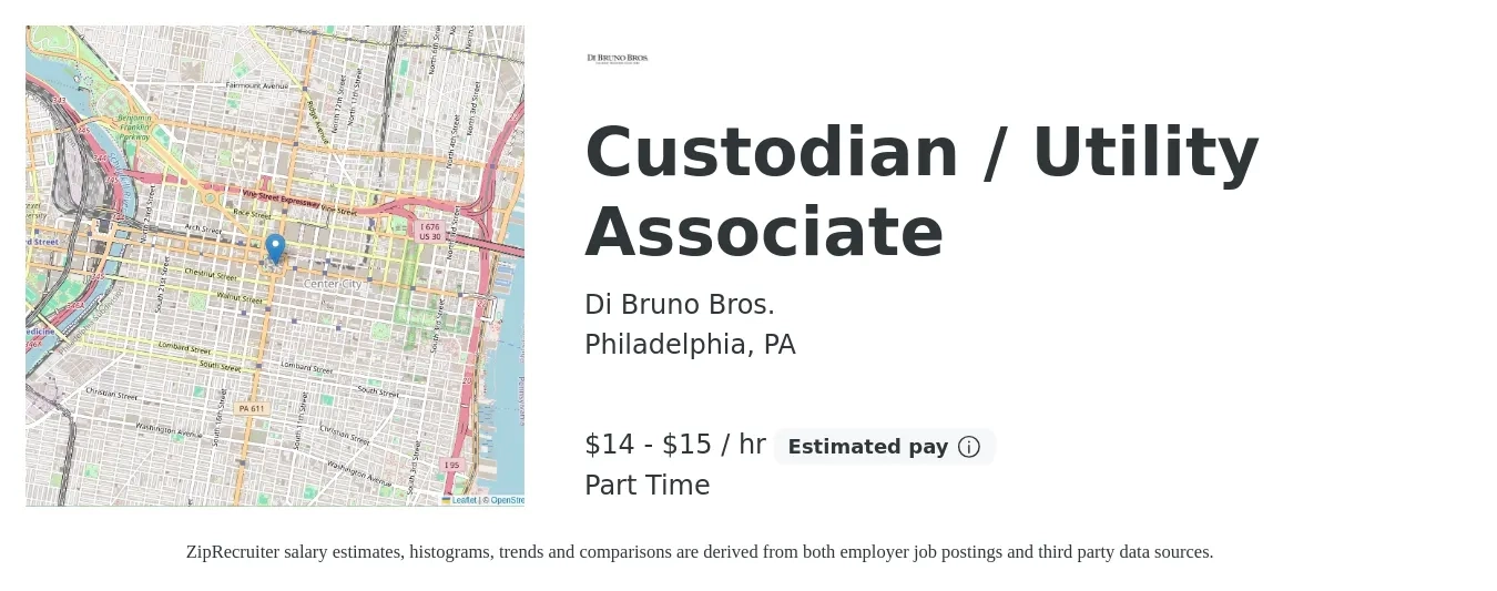 Di Bruno Bros. job posting for a Custodian / Utility Associate in Philadelphia, PA with a salary of $15 to $16 Hourly with a map of Philadelphia location.