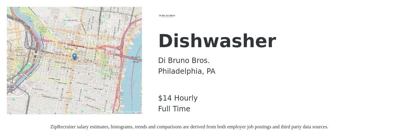 Di Bruno Bros. job posting for a Dishwasher in Philadelphia, PA with a salary of $15 Hourly with a map of Philadelphia location.