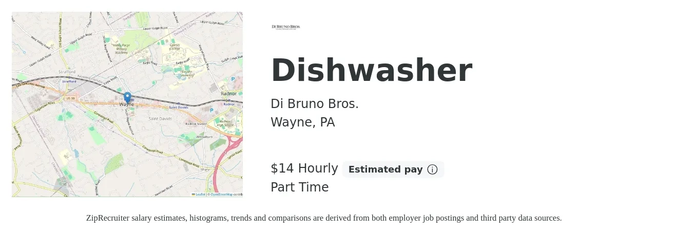Di Bruno Bros. job posting for a Dishwasher in Wayne, PA with a salary of $15 Hourly with a map of Wayne location.
