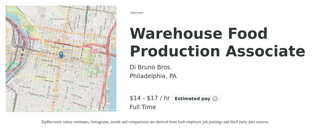 Di Bruno Bros. job posting for a Warehouse Food Production Associate in Philadelphia, PA with a salary of $15 to $18 Hourly with a map of Philadelphia location.