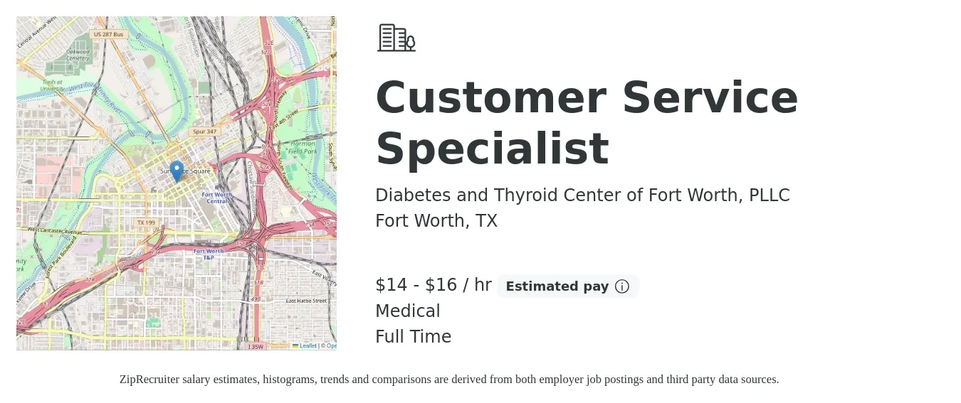 Diabetes and Thyroid Center of Fort Worth, PLLC job posting for a Customer Service Specialist in Fort Worth, TX with a salary of $15 to $17 Hourly and benefits including retirement, and medical with a map of Fort Worth location.