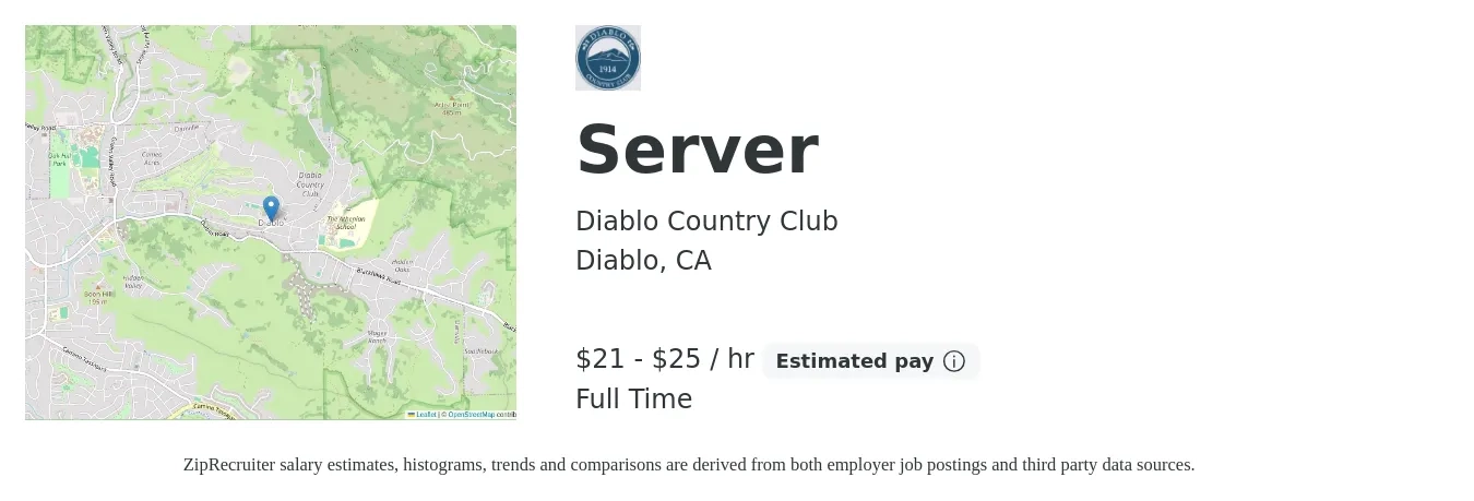 Diablo Country Club job posting for a Server in Diablo, CA with a salary of $22 to $26 Hourly with a map of Diablo location.